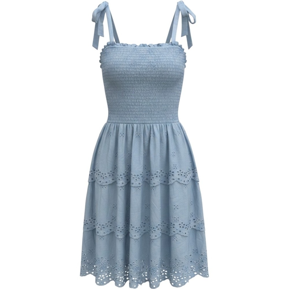 American Eagle Eyelet Mini Dress Womens M Blue Smocked Tie Strap Tiered Cotton